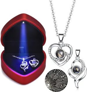 NW 2 pcs Pendants i love you necklace in 100 languages Projection Heart Pendant necklace for women mother with led light heart gift box SLIVER