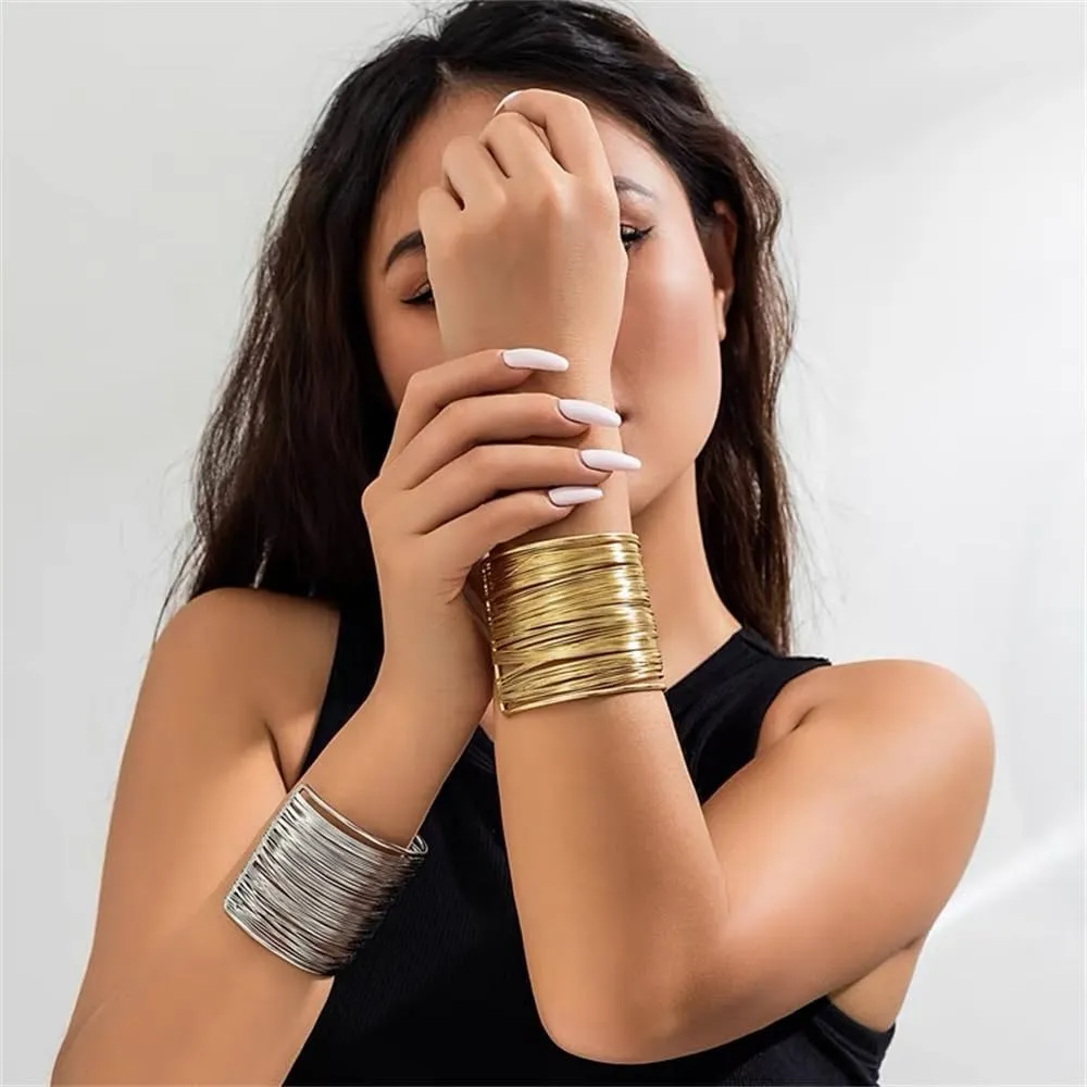 OIDIMS Wide Wire Cuff Chunky Bracelets for Women Bohemian Open Cuff Bangles Adjustable Wrist Cuff Trendy Boho Arm Bracelets for Ladies Multi-layer Cross Fashion Jewelry Gift