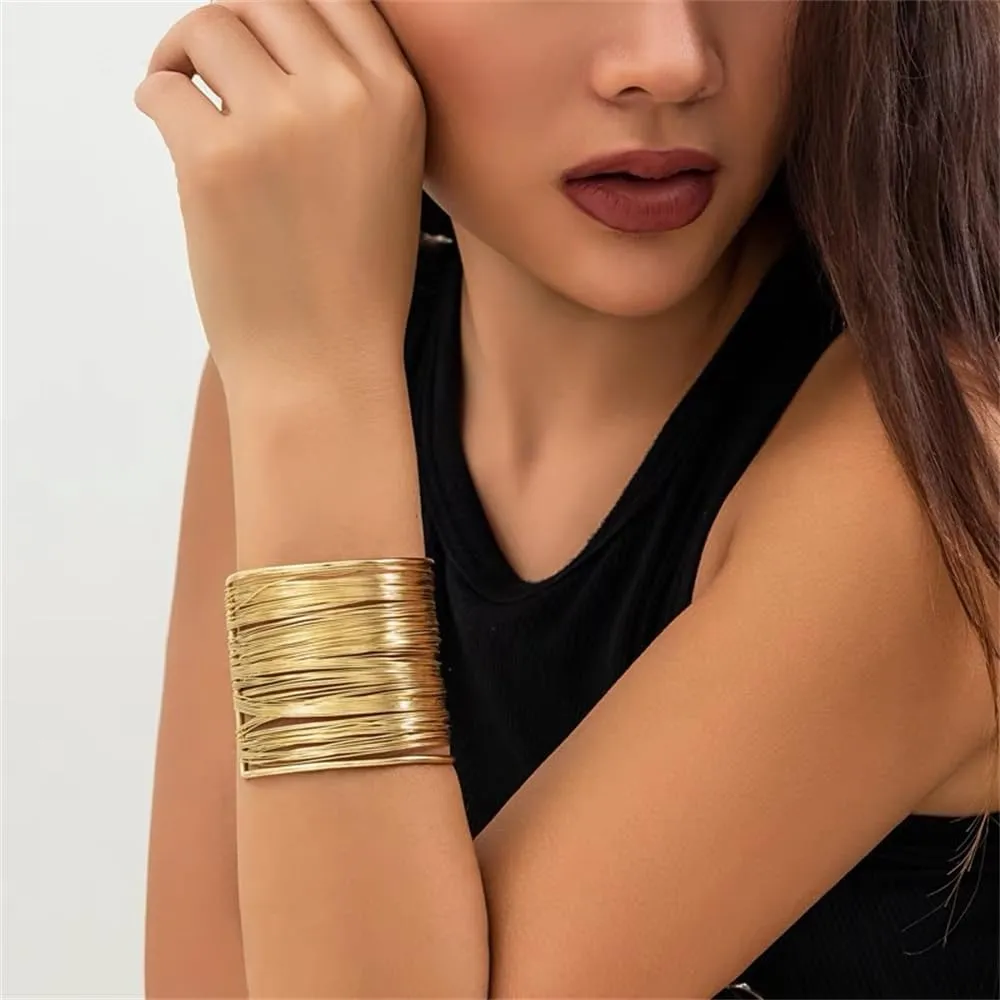 OIDIMS Wide Wire Cuff Chunky Bracelets for Women Bohemian Open Cuff Bangles Adjustable Wrist Cuff Trendy Boho Arm Bracelets for Ladies Multi-layer Cross Fashion Jewelry Gift