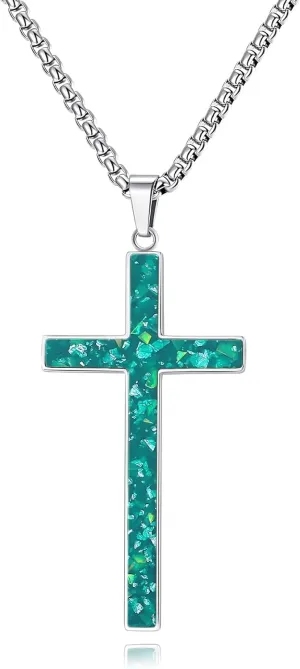 Opal Cross Necklace for Men Women, Silver Tone Gold Plated Stainless Steel with Simulated Opal Cross Pendant Faith Necklace, 24Inch Box Chain and 18 2Inch O Chain