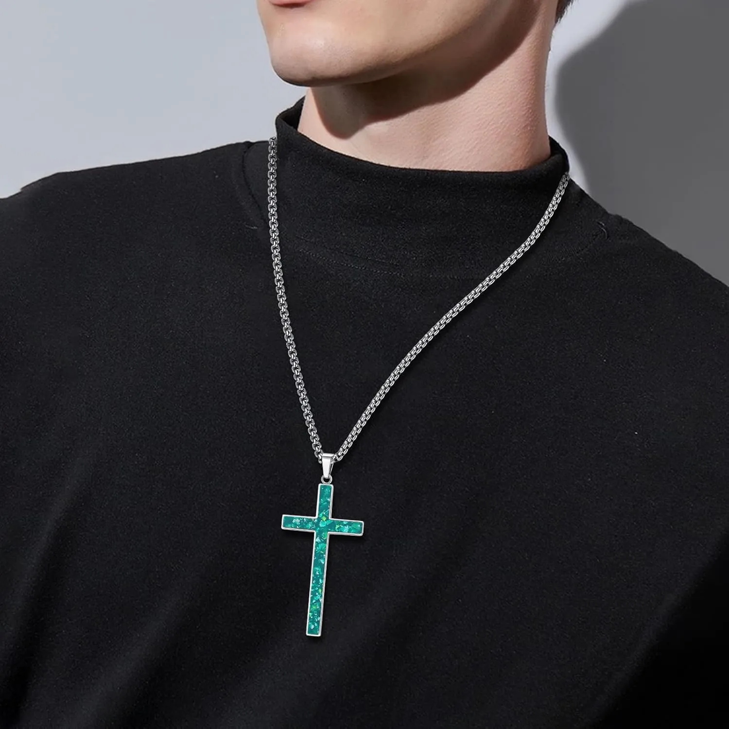 Opal Cross Necklace for Men Women, Silver Tone Gold Plated Stainless Steel with Simulated Opal Cross Pendant Faith Necklace, 24Inch Box Chain and 18 2Inch O Chain
