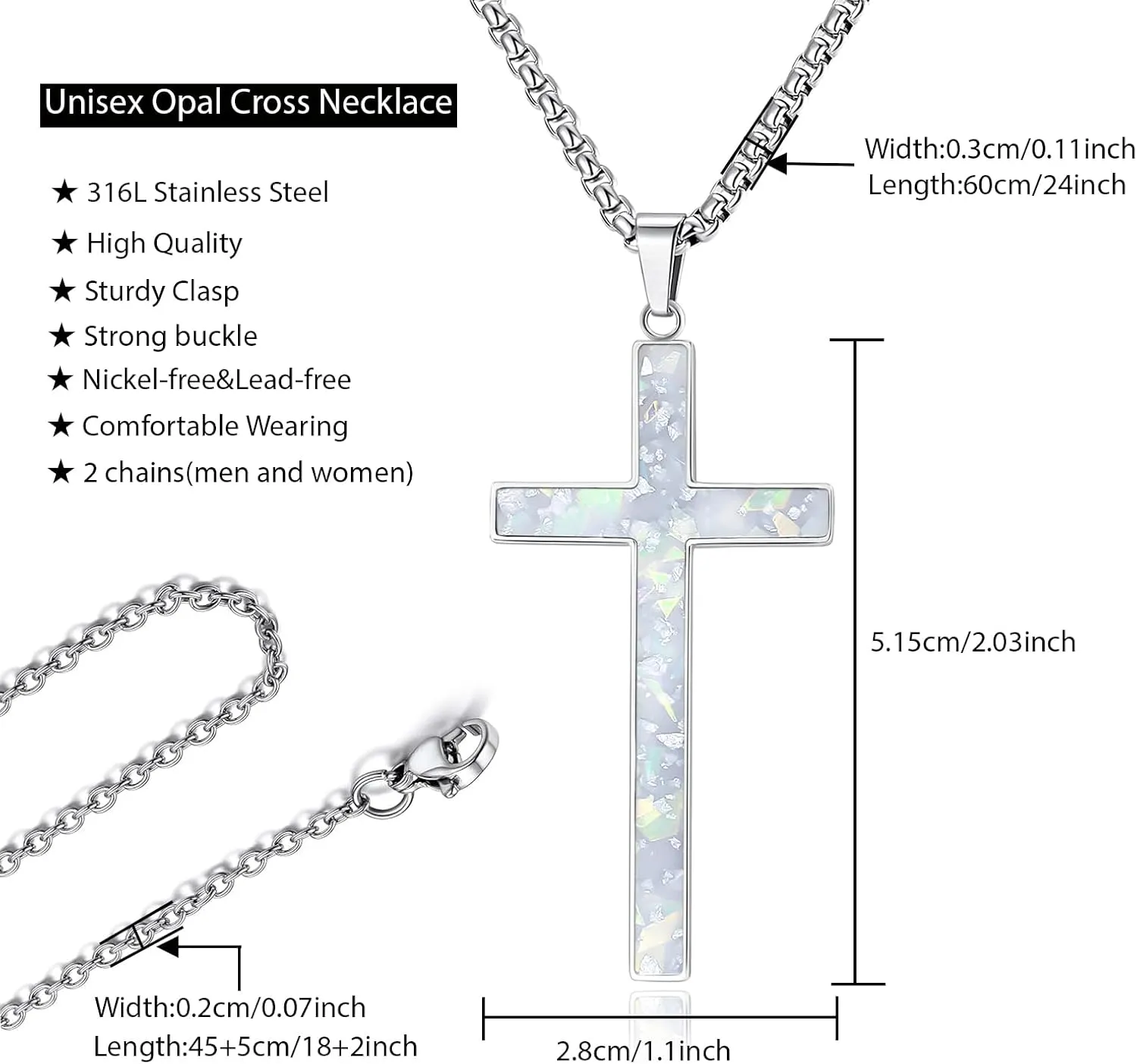 Opal Cross Necklace for Men Women, Silver Tone Gold Plated Stainless Steel with Simulated Opal Cross Pendant Faith Necklace, 24Inch Box Chain and 18 2Inch O Chain