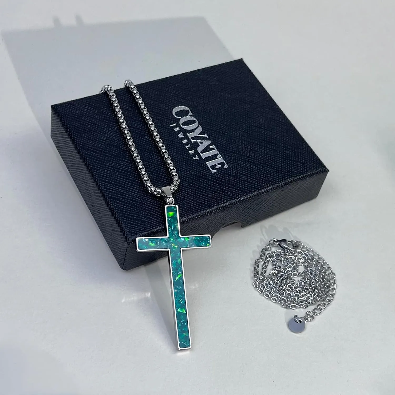 Opal Cross Necklace for Men Women, Silver Tone Gold Plated Stainless Steel with Simulated Opal Cross Pendant Faith Necklace, 24Inch Box Chain and 18 2Inch O Chain