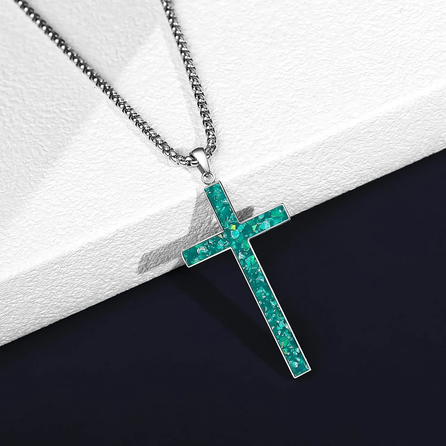 Opal Cross Necklace for Men Women, Silver Tone Gold Plated Stainless Steel with Simulated Opal Cross Pendant Faith Necklace, 24Inch Box Chain and 18 2Inch O Chain