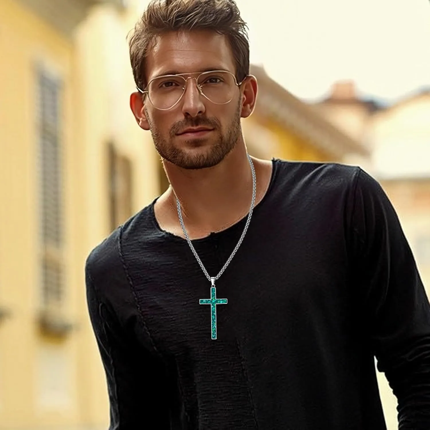 Opal Cross Necklace for Men Women, Silver Tone Gold Plated Stainless Steel with Simulated Opal Cross Pendant Faith Necklace, 24Inch Box Chain and 18 2Inch O Chain