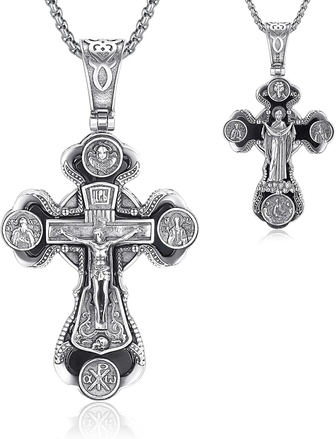 Orthodox Cross Necklace, 925 Sterling Silver Crucifix Cross for Men Women Black Onyx Jesus & Virgin Mary Cross Pendant Necklaces Christian Religious Jewelry Gift