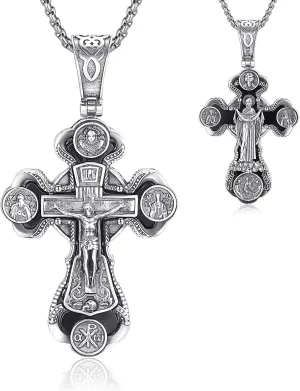 Orthodox Cross Necklace, 925 Sterling Silver Crucifix Cross for Men Women Black Onyx Jesus & Virgin Mary Cross Pendant Necklaces Christian Religious Jewelry Gift