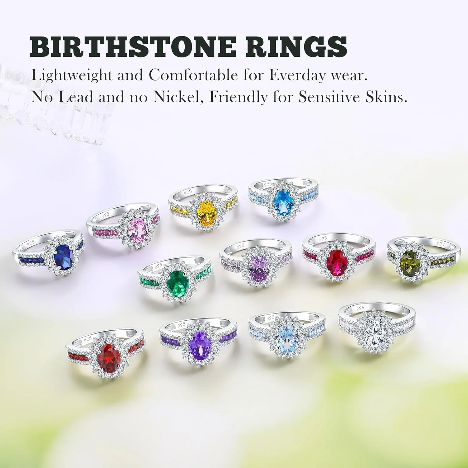 Oval Luxury Stunning Gemstone Engagement Ring, 925 Sterling Silver Cocktail Ring Janaury to December Birthstone Halo Rings for Women, Size 6 to 10