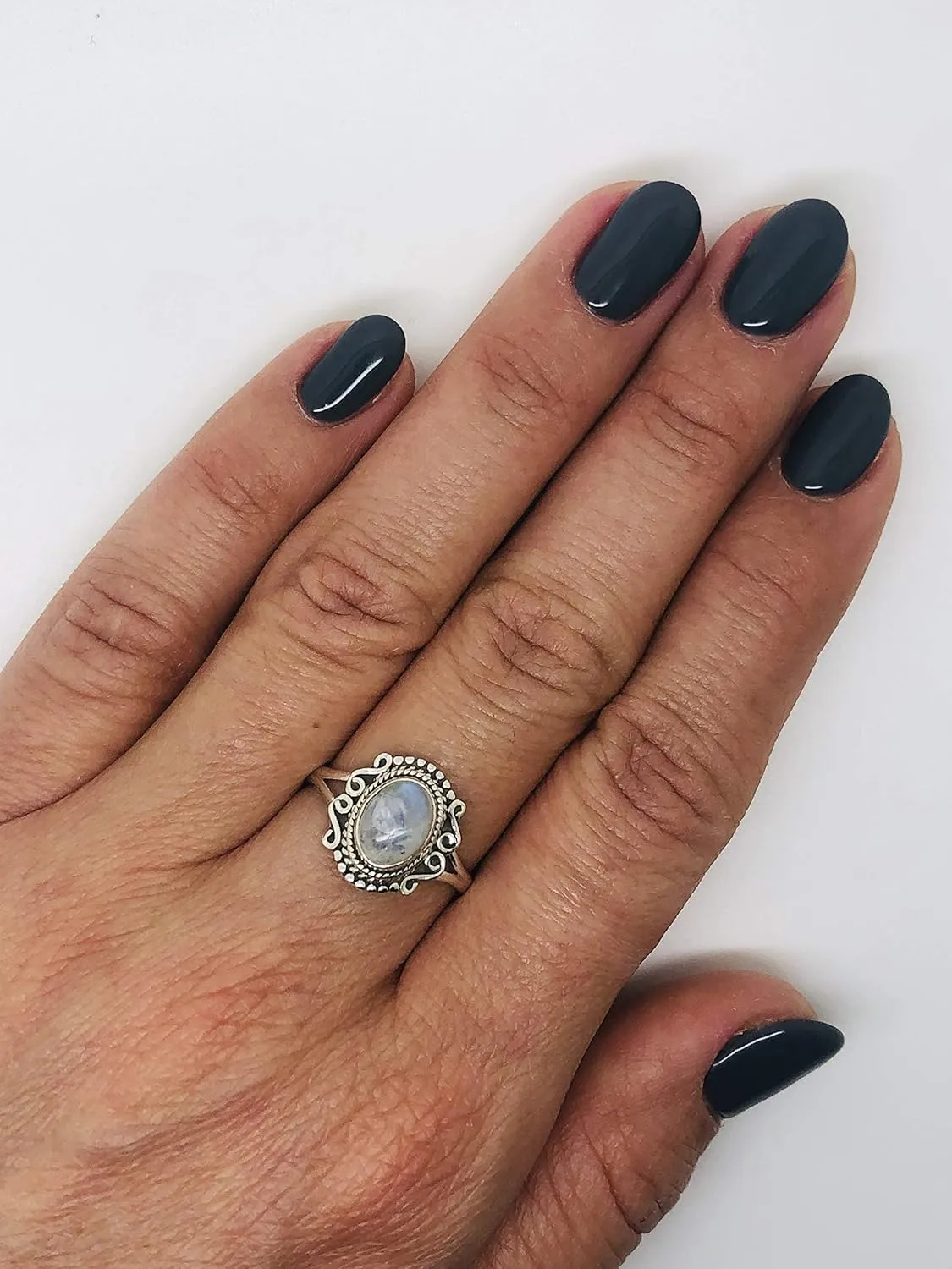 Oval Moonstone 925 Sterling Silver Ring - Delicate BOHO Chic Jewelry - Fashionable and Stylish for Women with Velvet Gift Bag - Made by Indian Artisans - Size 6-9