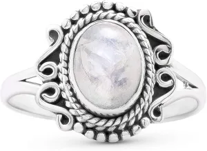 Oval Moonstone 925 Sterling Silver Ring - Delicate BOHO Chic Jewelry - Fashionable and Stylish for Women with Velvet Gift Bag - Made by Indian Artisans - Size 6-9