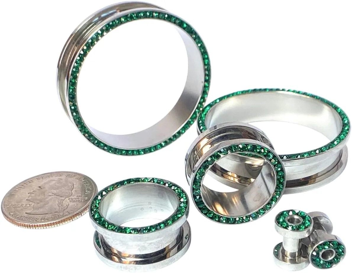PAIR of Stunning Emerald Green CZ Gem Rimmed 316L Surgical Steel Screw Fit Tunnel - Plugs - Gauges - Body Jewelry