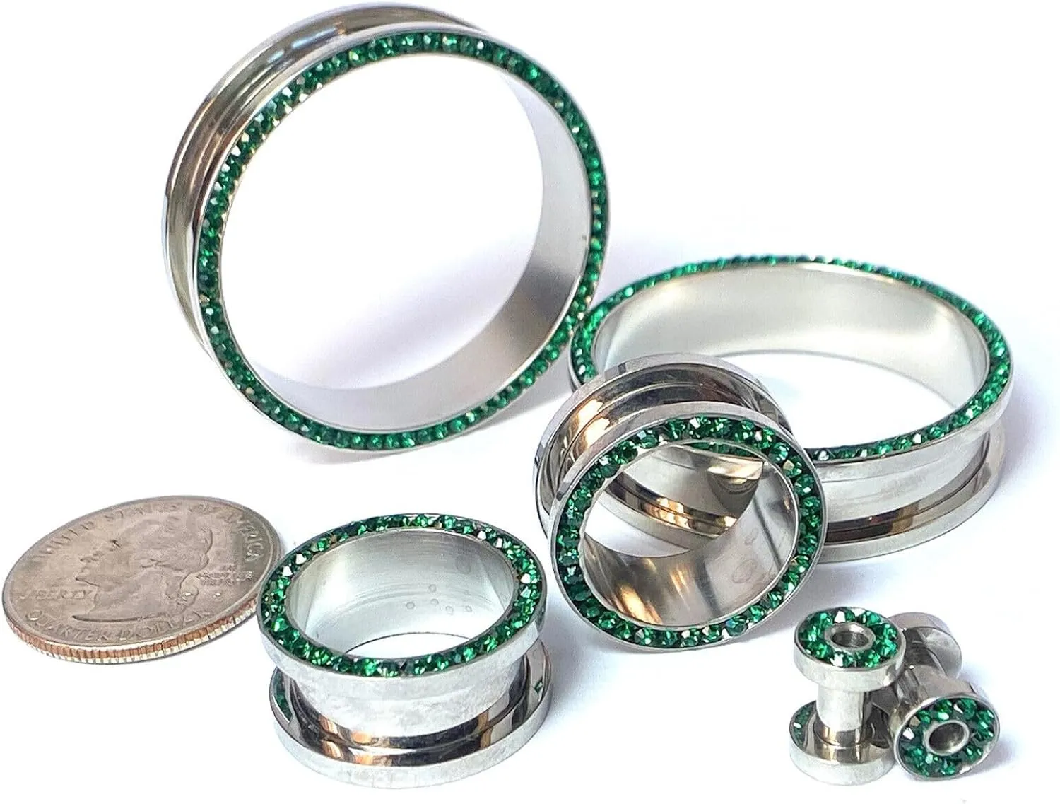PAIR of Stunning Emerald Green CZ Gem Rimmed 316L Surgical Steel Screw Fit Tunnel - Plugs - Gauges - Body Jewelry