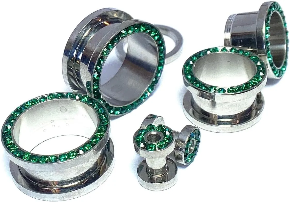 PAIR of Stunning Emerald Green CZ Gem Rimmed 316L Surgical Steel Screw Fit Tunnel - Plugs - Gauges - Body Jewelry