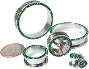 PAIR of Stunning Emerald Green CZ Gem Rimmed 316L Surgical Steel Screw Fit Tunnel - Plugs - Gauges - Body Jewelry
