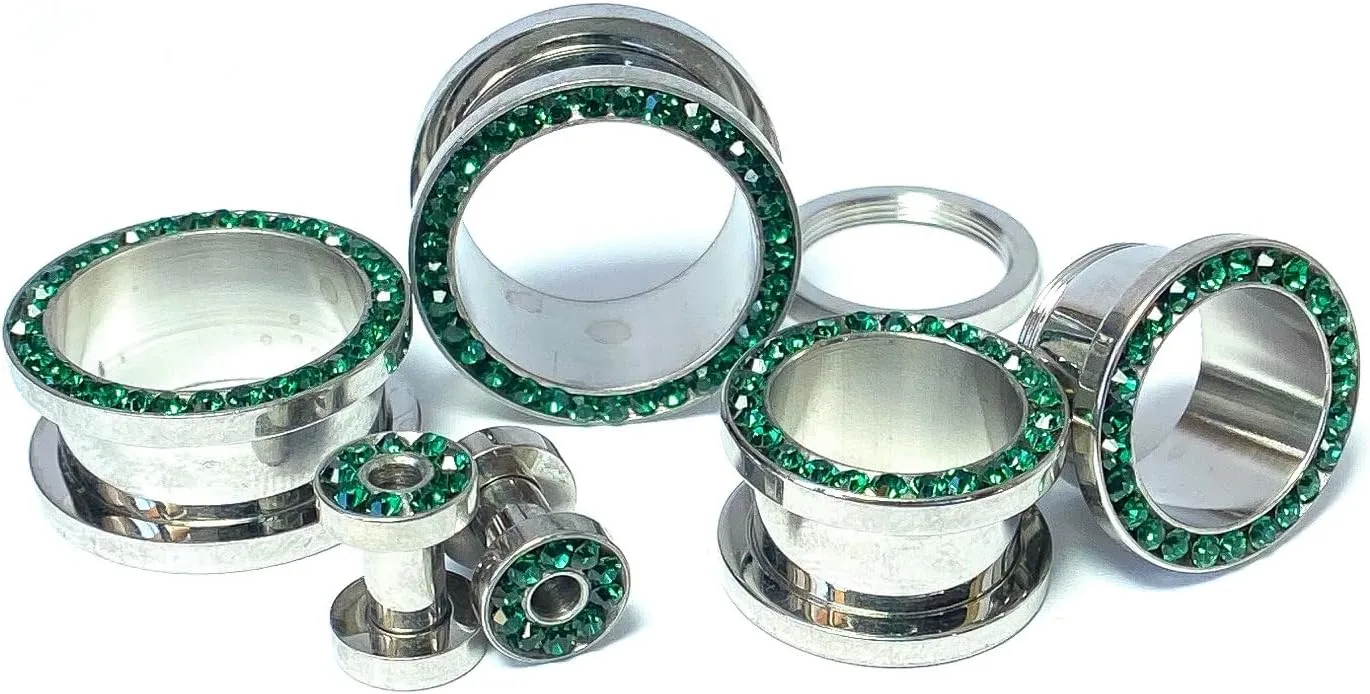 PAIR of Stunning Emerald Green CZ Gem Rimmed 316L Surgical Steel Screw Fit Tunnel - Plugs - Gauges - Body Jewelry