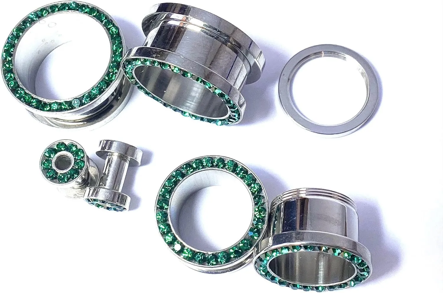 PAIR of Stunning Emerald Green CZ Gem Rimmed 316L Surgical Steel Screw Fit Tunnel - Plugs - Gauges - Body Jewelry