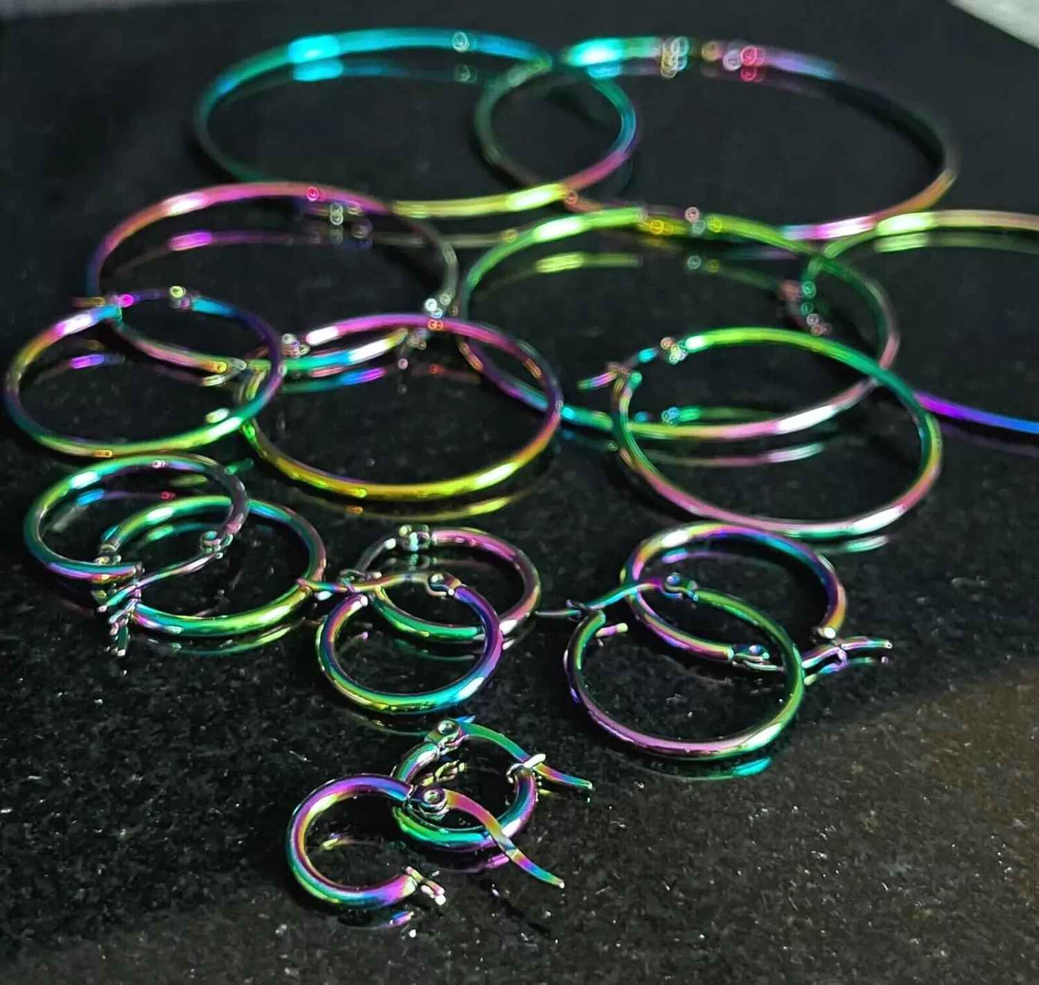PAIR of Stunning Rainbow Multi-color Ion Plated Stainless Steel Round Hoop Earrings - 22g - Gauges - Body Jewelry