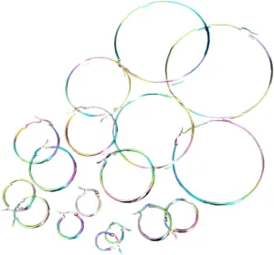 PAIR of Stunning Rainbow Multi-color Ion Plated Stainless Steel Round Hoop Earrings - 22g - Gauges - Body Jewelry