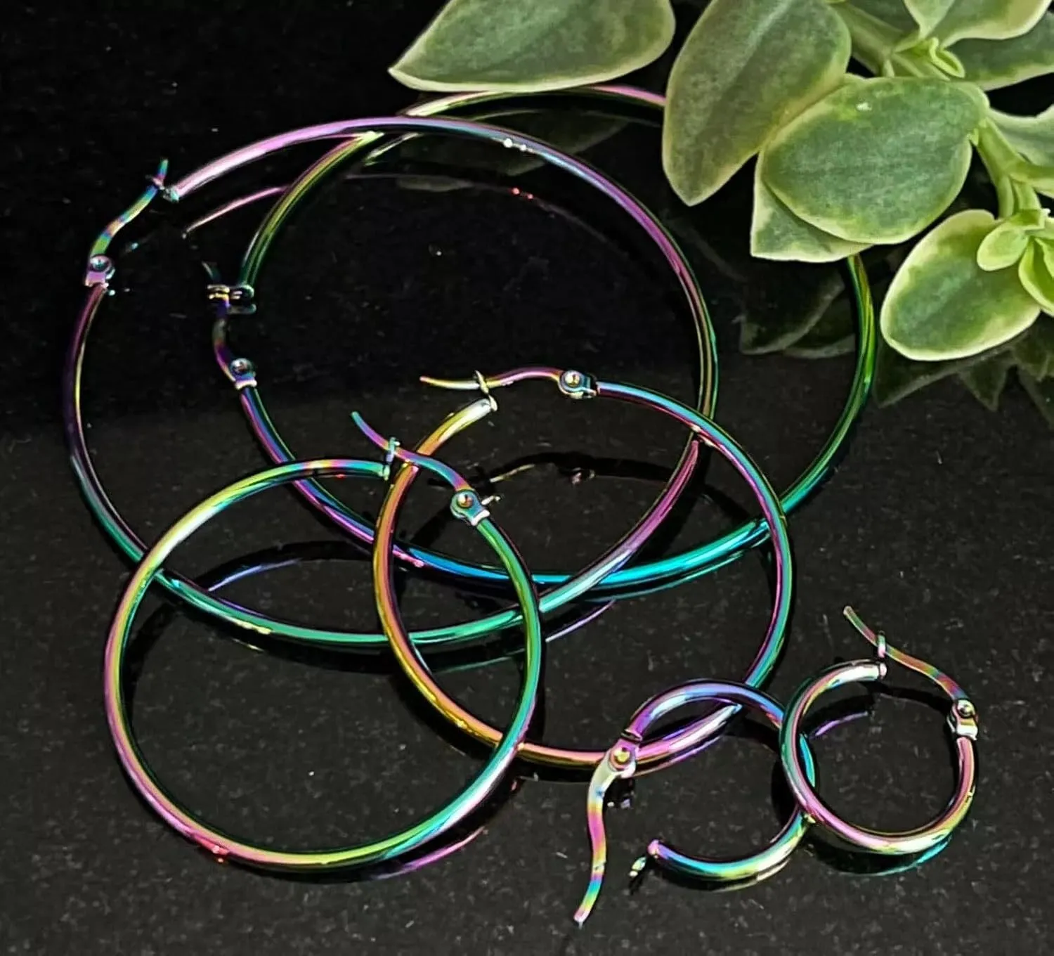PAIR of Stunning Rainbow Multi-color Ion Plated Stainless Steel Round Hoop Earrings - 22g - Gauges - Body Jewelry