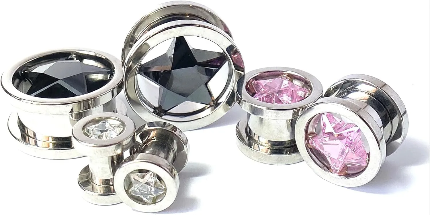 PAIR of Stunning Surgical Steel Star Clear CZ Gem Screw Fit Tunnels - Body Jewelry