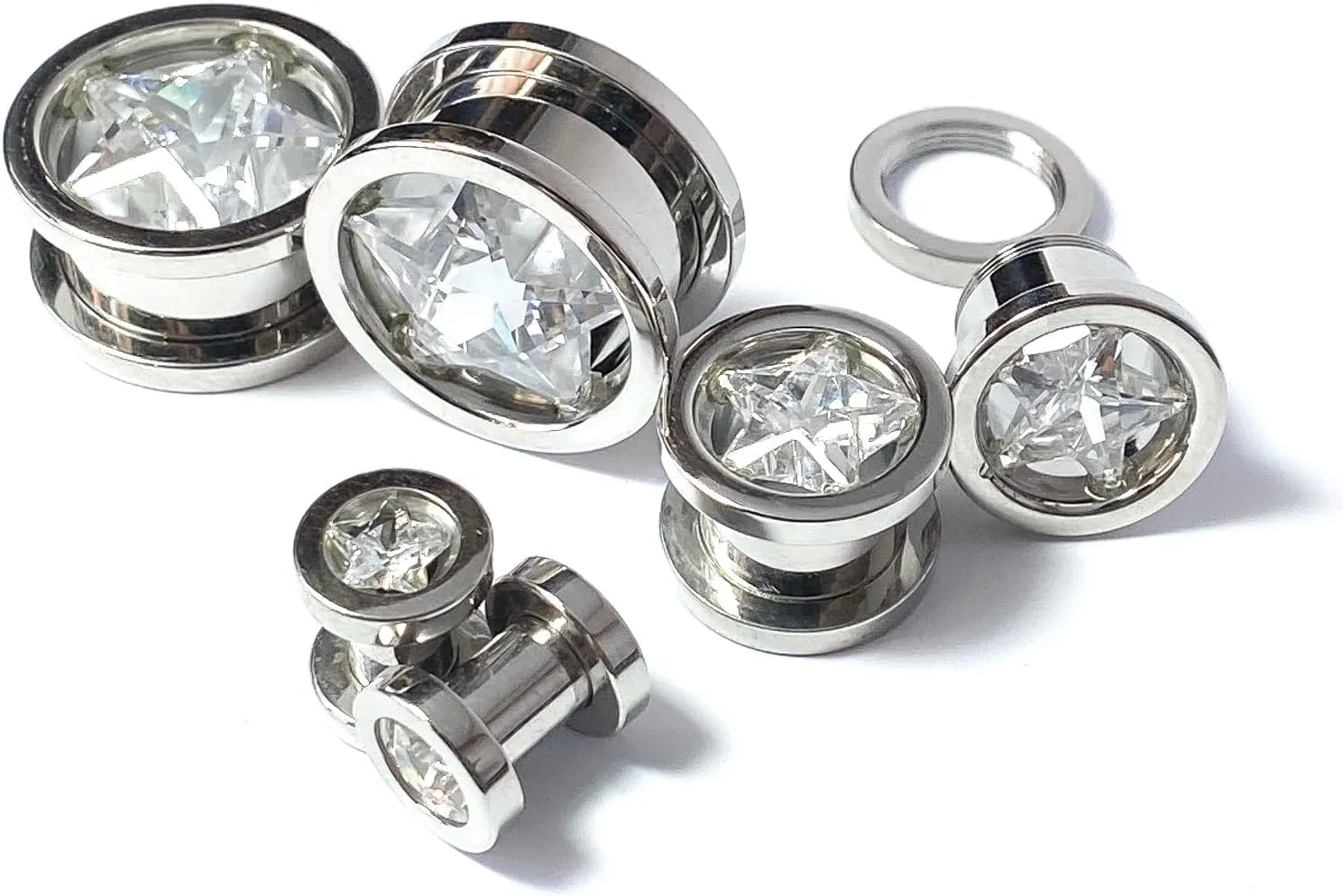 PAIR of Stunning Surgical Steel Star Clear CZ Gem Screw Fit Tunnels - Body Jewelry