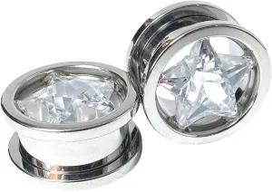 PAIR of Stunning Surgical Steel Star Clear CZ Gem Screw Fit Tunnels - Body Jewelry