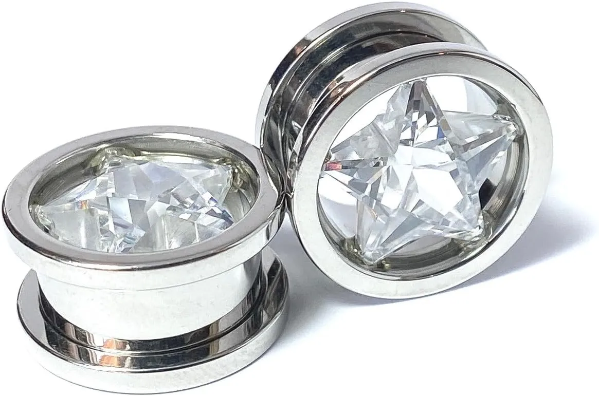 PAIR of Stunning Surgical Steel Star Clear CZ Gem Screw Fit Tunnels - Body Jewelry