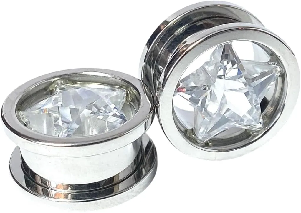 PAIR of Stunning Surgical Steel Star Clear CZ Gem Screw Fit Tunnels - Body Jewelry