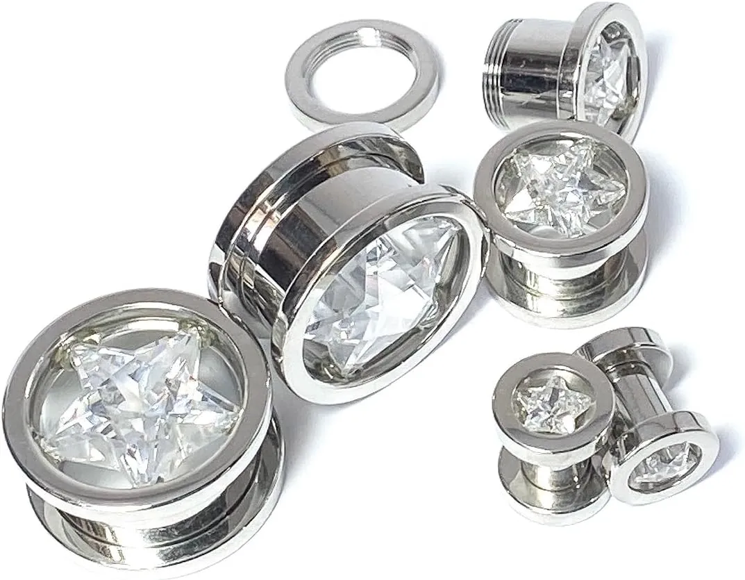 PAIR of Stunning Surgical Steel Star Clear CZ Gem Screw Fit Tunnels - Body Jewelry