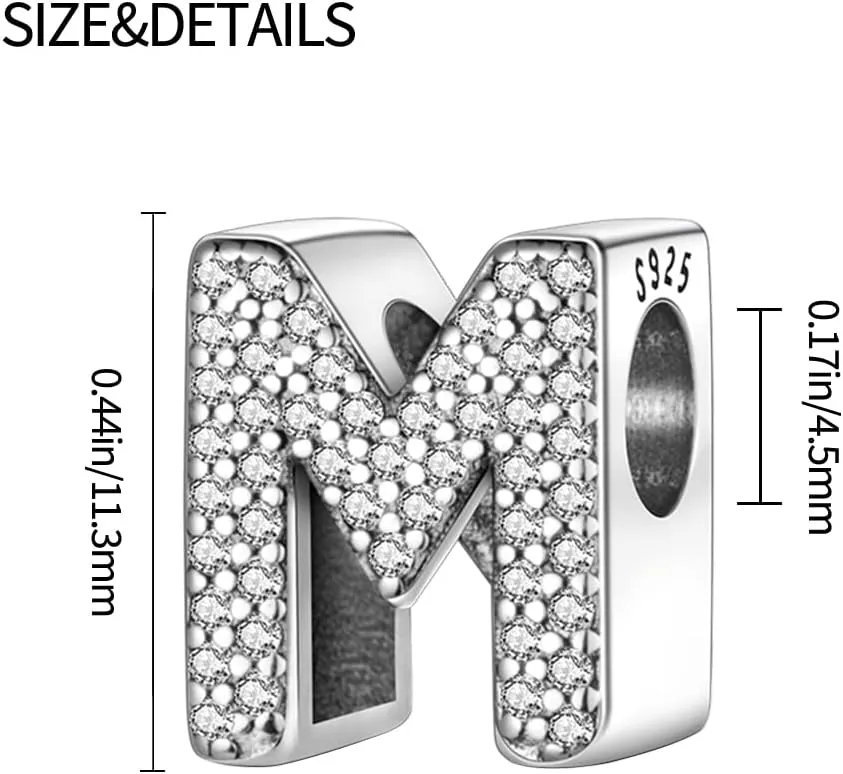 Pandach 925 sterling Silver Letters Charms A-Z Alphabet Beads with Cubic Zircons Charm Beads Pendants fit for European Bracelets Necklace Women Jewelry Gift Options