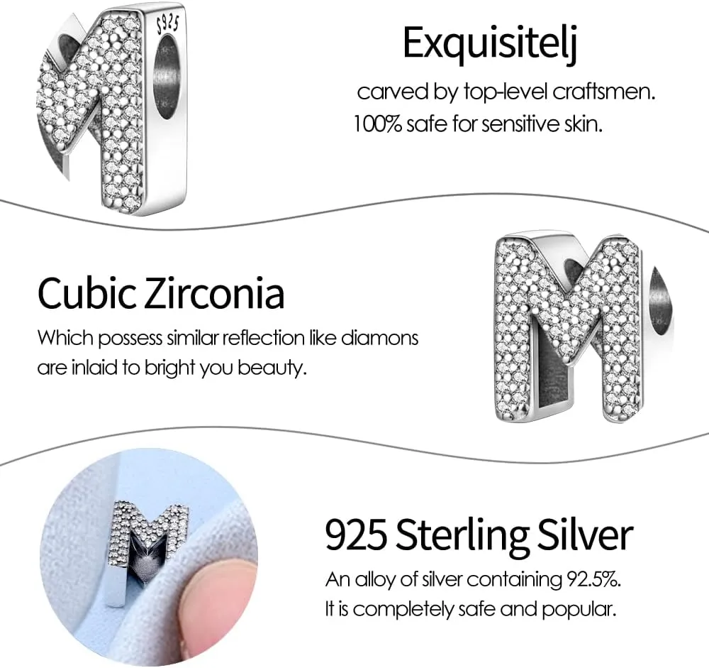 Pandach 925 sterling Silver Letters Charms A-Z Alphabet Beads with Cubic Zircons Charm Beads Pendants fit for European Bracelets Necklace Women Jewelry Gift Options