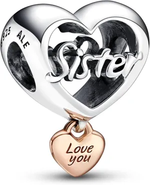 PANDORA Love You Sister Heart Charm - Compatible with PANDORA Moments - Stunning Women's Jewelry - Made with PANDORA Rose & Sterling Silver