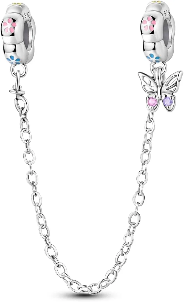 Parmuz 925 Sterling silver Safety Chain Charm Dangle Pendants Clip Beads for Bracelet Love Butterfly Evil Eye Stopper Spacer Charm for Woman