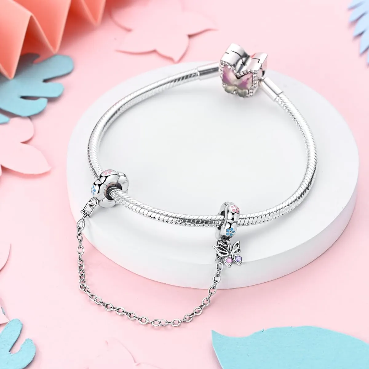 Parmuz 925 Sterling silver Safety Chain Charm Dangle Pendants Clip Beads for Bracelet Love Butterfly Evil Eye Stopper Spacer Charm for Woman