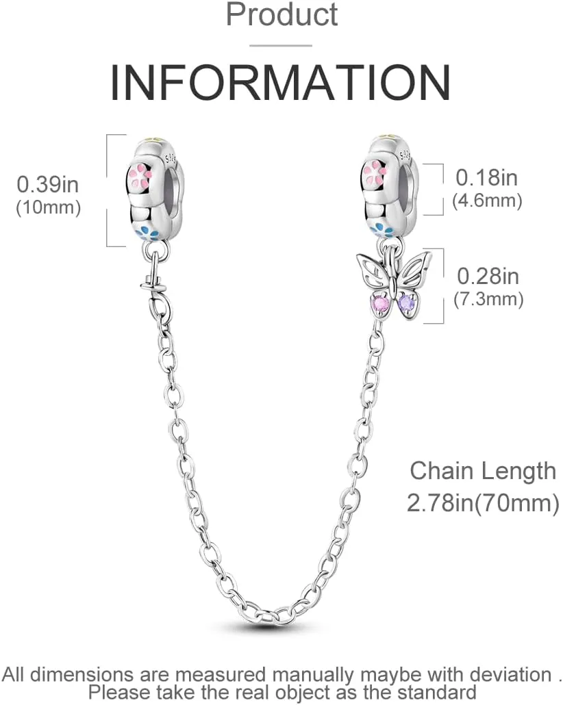 Parmuz 925 Sterling silver Safety Chain Charm Dangle Pendants Clip Beads for Bracelet Love Butterfly Evil Eye Stopper Spacer Charm for Woman