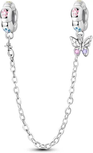 Parmuz 925 Sterling silver Safety Chain Charm Dangle Pendants Clip Beads for Bracelet Love Butterfly Evil Eye Stopper Spacer Charm for Woman