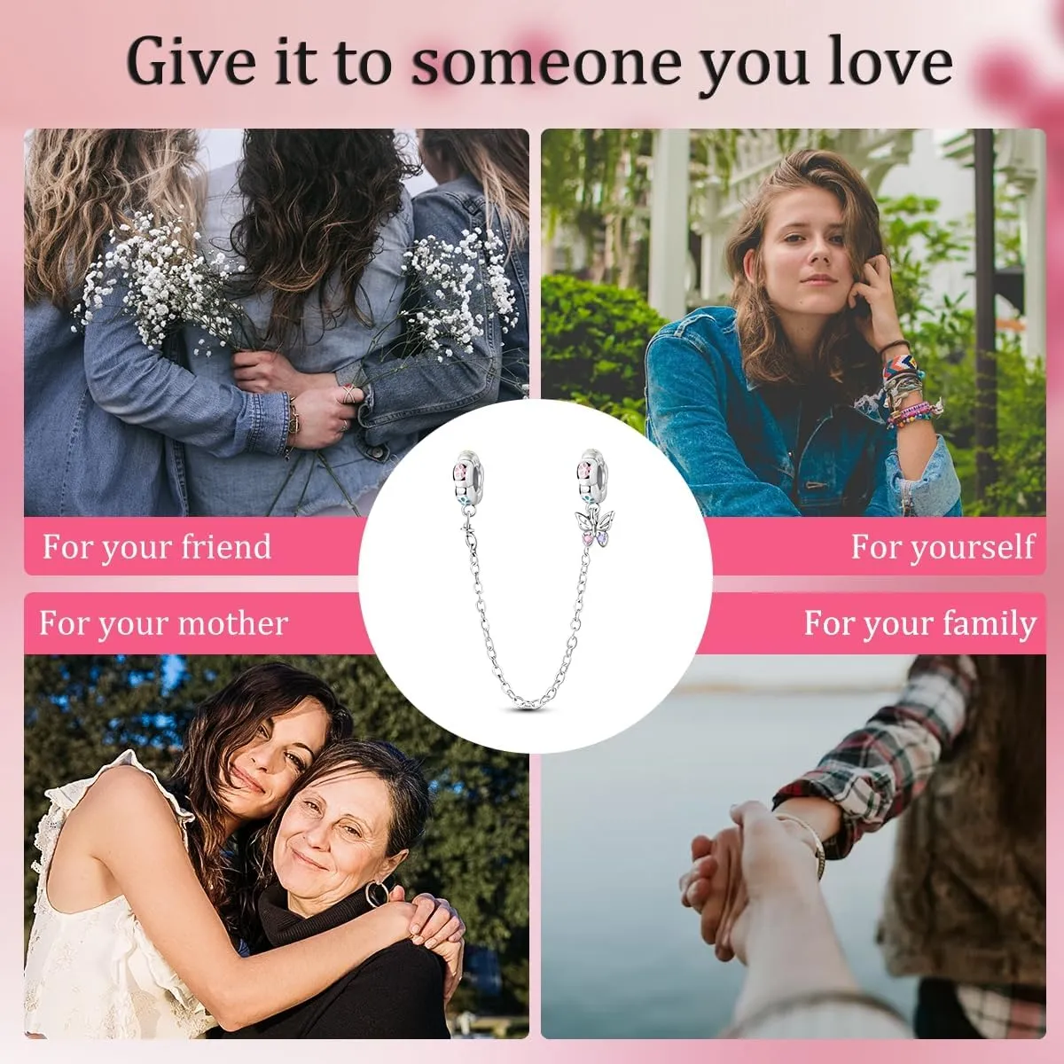 Parmuz 925 Sterling silver Safety Chain Charm Dangle Pendants Clip Beads for Bracelet Love Butterfly Evil Eye Stopper Spacer Charm for Woman