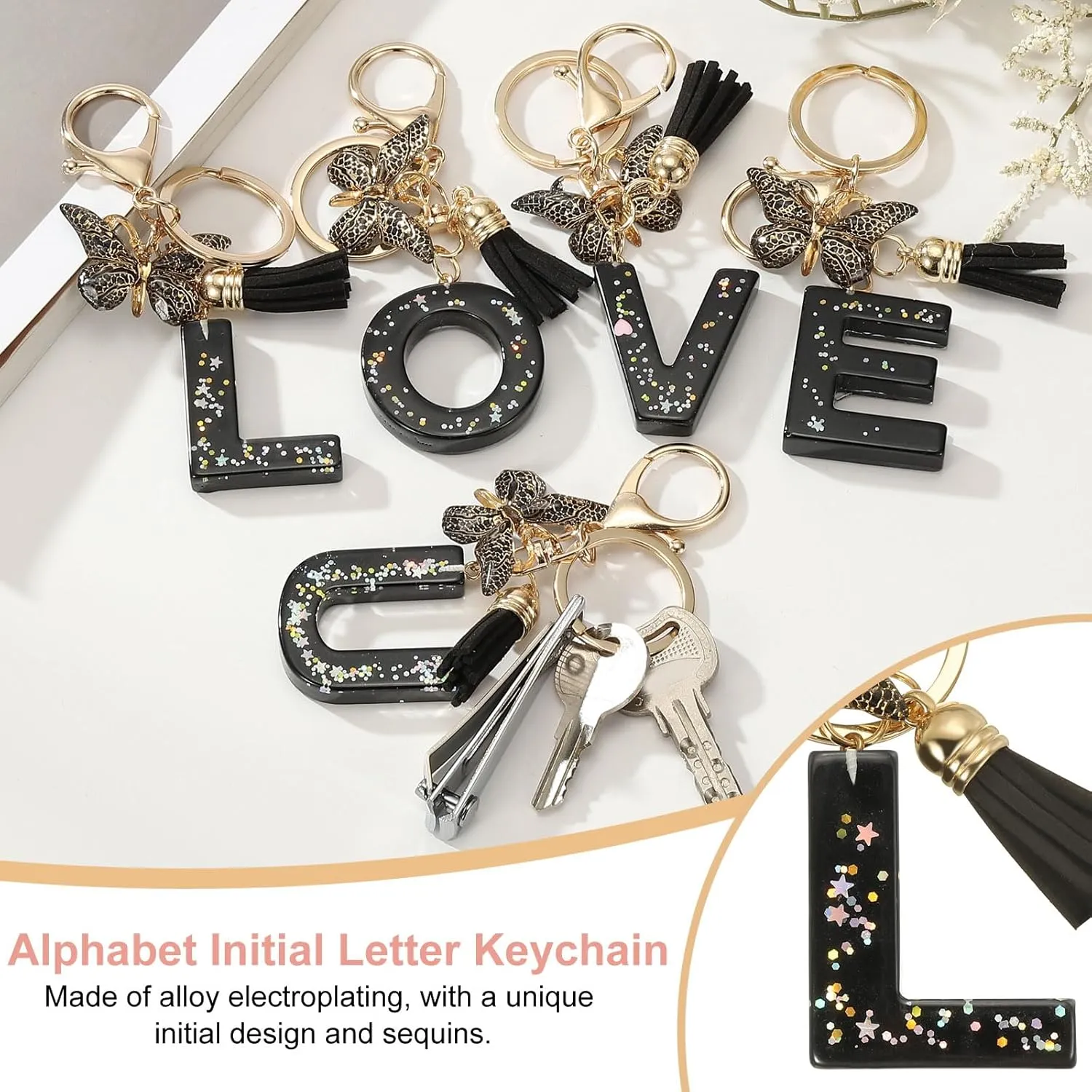 PATIKIL Alphabet Initial Letter Keychain, Resin Cute Keychains with Tassel Butterfly Letter l Pendant Charm for Women Key Purse Handbag Bag Accessories, Black