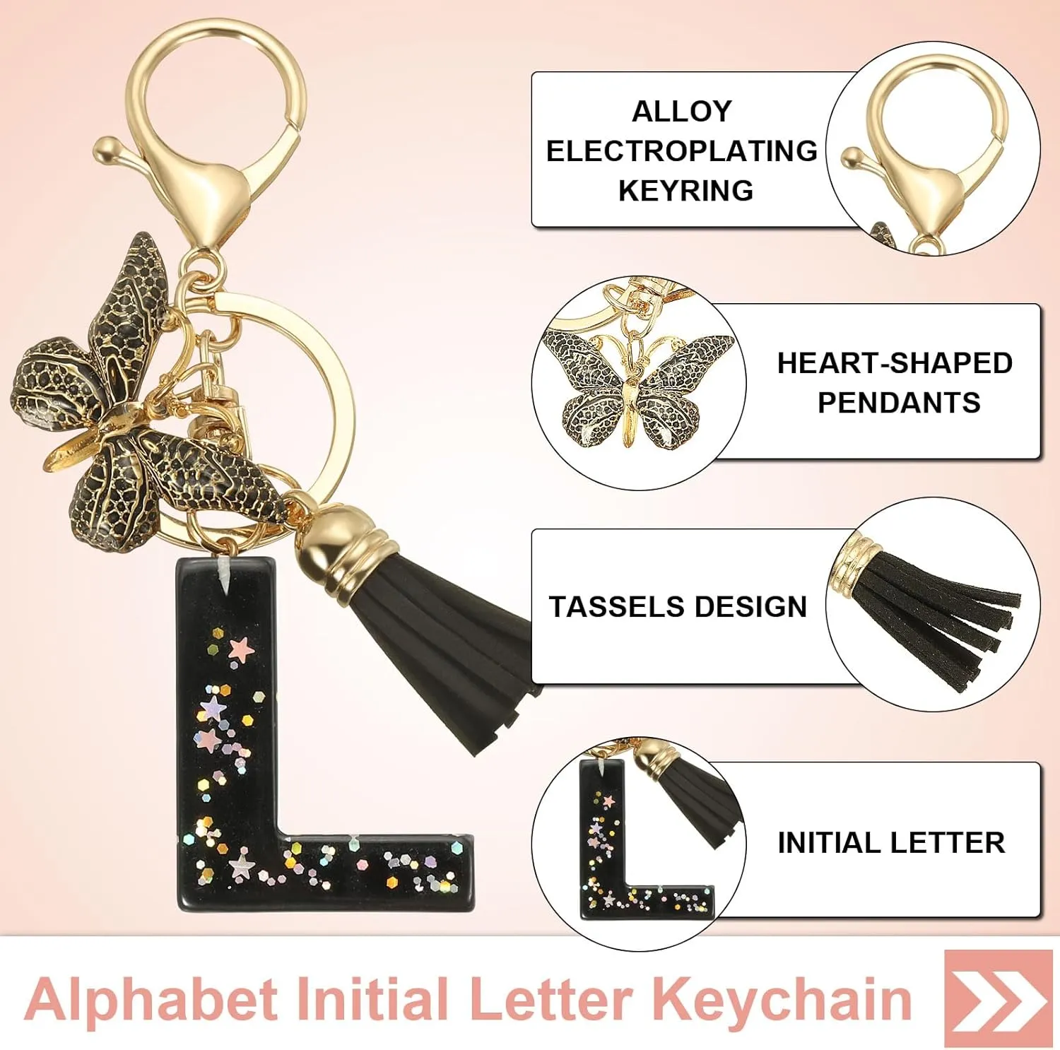 PATIKIL Alphabet Initial Letter Keychain, Resin Cute Keychains with Tassel Butterfly Letter l Pendant Charm for Women Key Purse Handbag Bag Accessories, Black