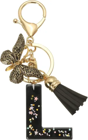 PATIKIL Alphabet Initial Letter Keychain, Resin Cute Keychains with Tassel Butterfly Letter l Pendant Charm for Women Key Purse Handbag Bag Accessories, Black