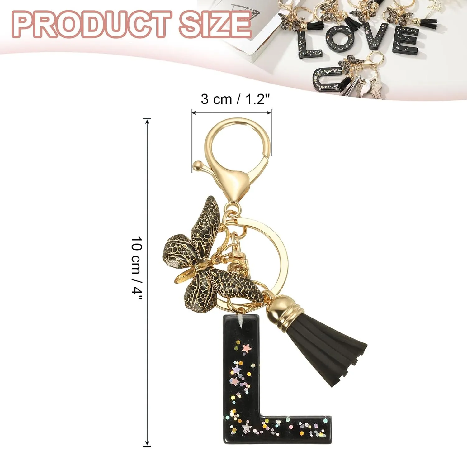 PATIKIL Alphabet Initial Letter Keychain, Resin Cute Keychains with Tassel Butterfly Letter l Pendant Charm for Women Key Purse Handbag Bag Accessories, Black
