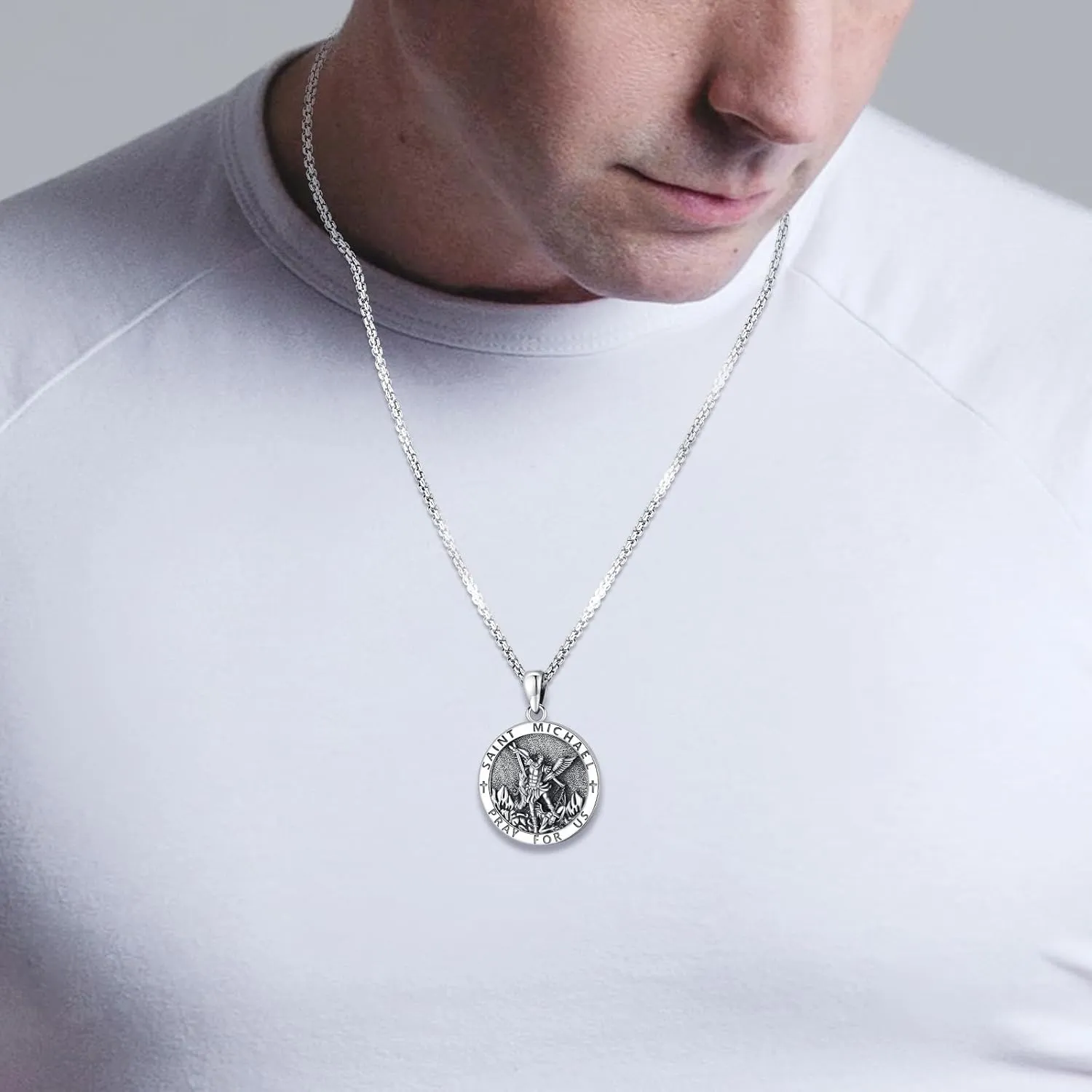 Patron Saint Medals Amulet Necklace 925 Sterling Silver Protection Jewelry for Men Women with 20"/22" 2" Rolo Chain