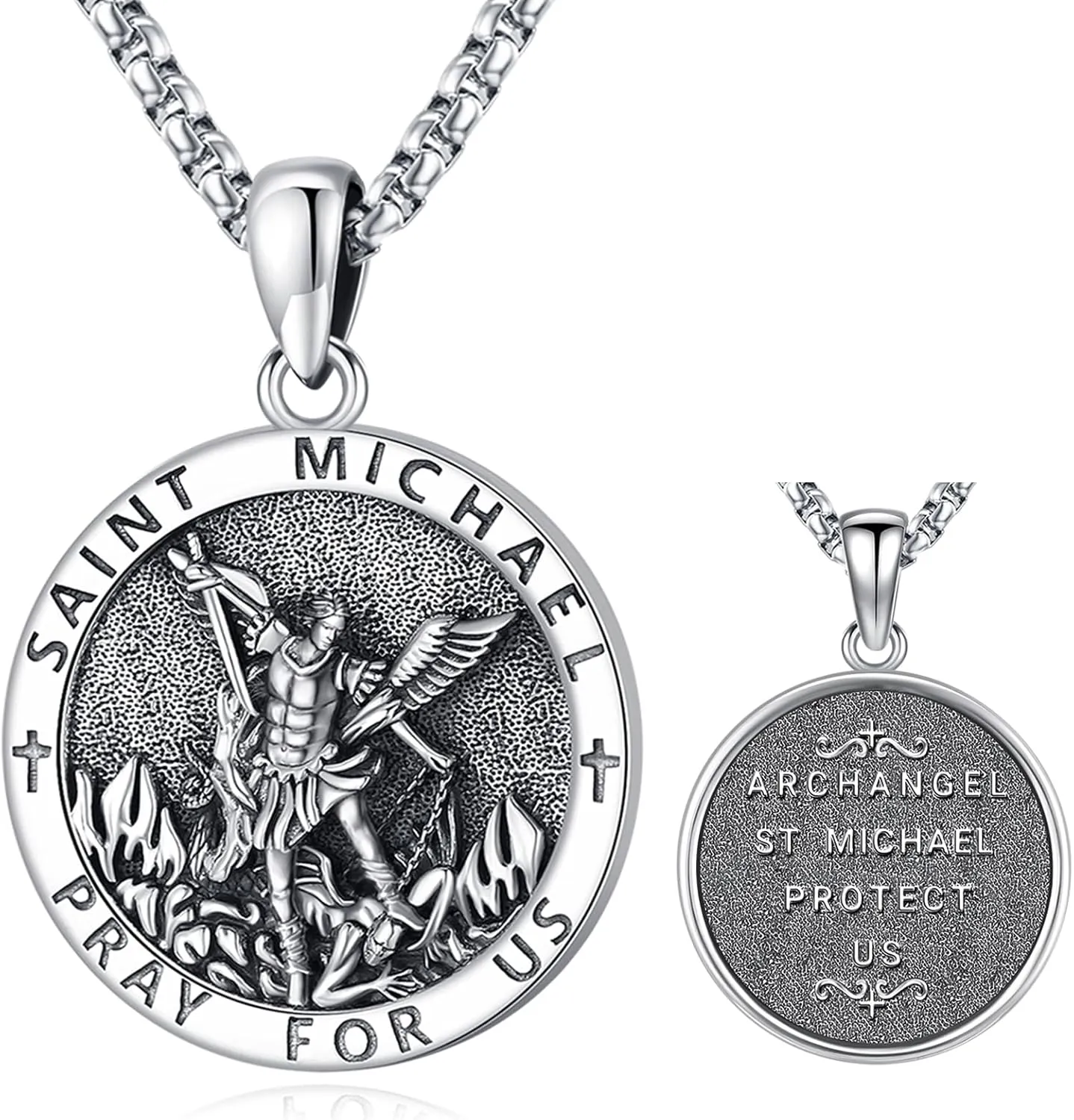 Patron Saint Medals Amulet Necklace 925 Sterling Silver Protection Jewelry for Men Women with 20"/22" 2" Rolo Chain