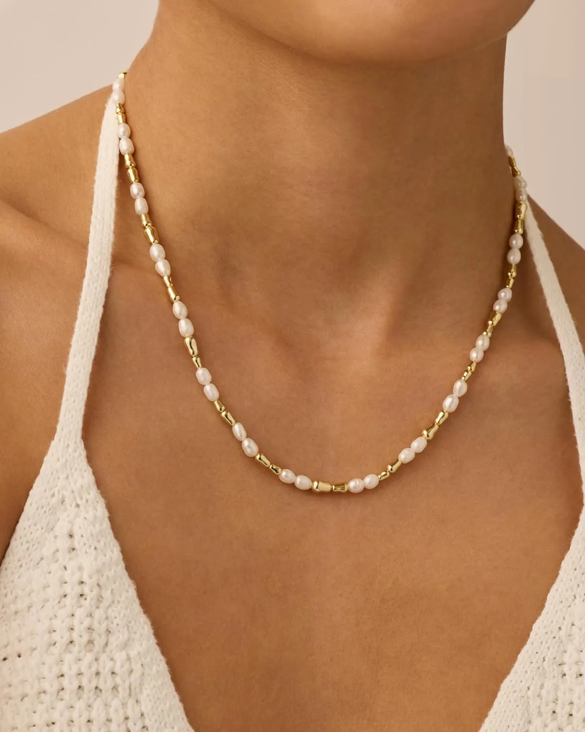 PAVOI 14K-18K Gold Plated Dainty Pearl Necklaces for Women - Station Beaded Choker Paperclip Chain Gold Pearl Necklace Bridal Jewelry