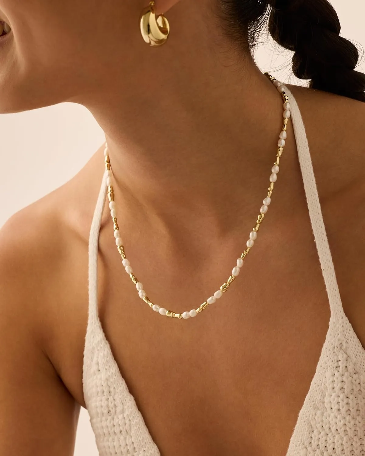 PAVOI 14K-18K Gold Plated Dainty Pearl Necklaces for Women - Station Beaded Choker Paperclip Chain Gold Pearl Necklace Bridal Jewelry