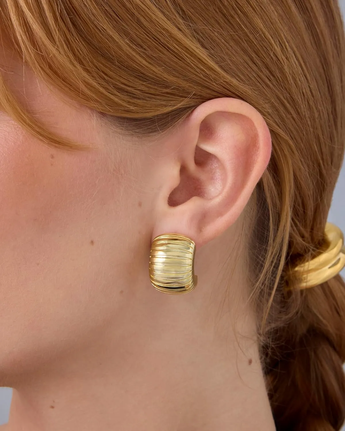 PAVOI 14K Gold Plated Bold Statement Hoop Earrings for Women - Trendy Boho Ribbed Croissant Scallop Peach Puffy Jewelry Chunky Gold Earrings