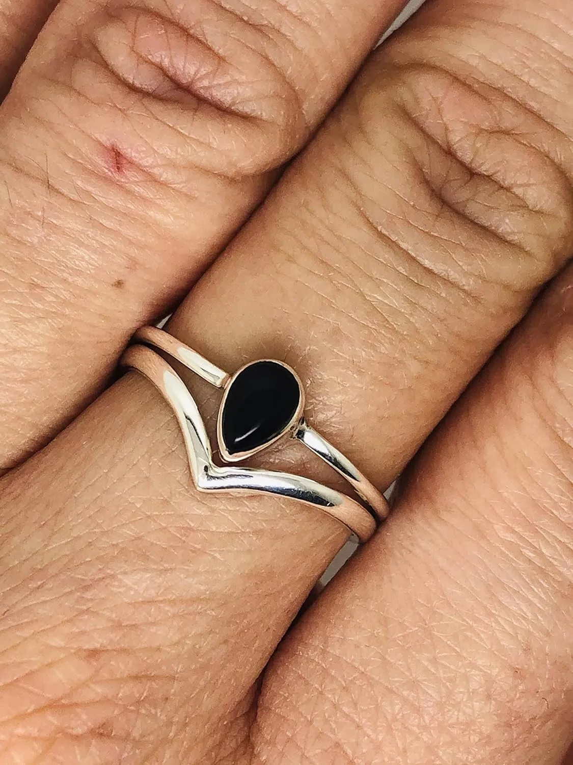 Pear Black Onyx 925 Sterling Silver Ring - Delicate BOHO Chic Jewelry - Fashionable and Stylish for Women with Velvet Gift Bag - Made by Indian Artisans - Size 5-9
