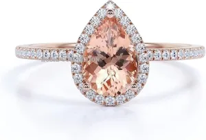 Pear Shape Morganite and Simulated Diamond Halo Engagement Ring in Rose Gold Over 925 Silver