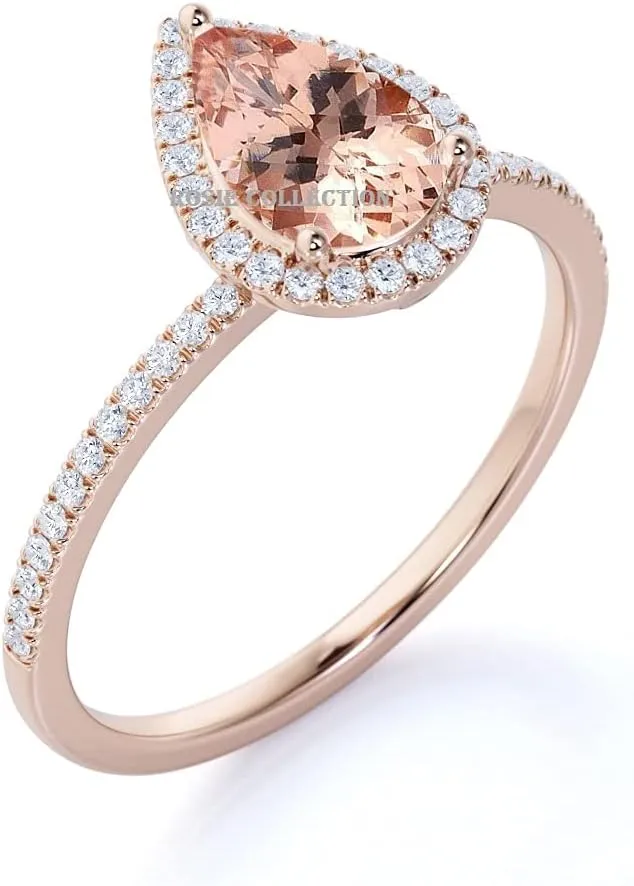 Pear Shape Morganite and Simulated Diamond Halo Engagement Ring in Rose Gold Over 925 Silver