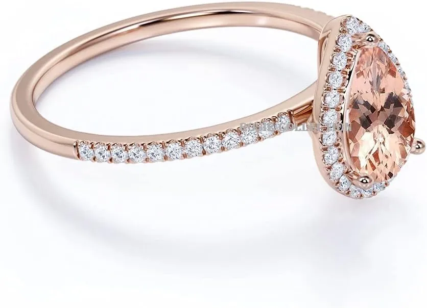 Pear Shape Morganite and Simulated Diamond Halo Engagement Ring in Rose Gold Over 925 Silver